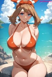 ai_generated beach big_breasts bikini bikini_bottom bikini_top blonde_hair blue_eyes bombacopta breasts cleavage female game_freak huge_breasts large_breasts may_(pokemon) ocean pokemon sideboob smile solo solo_female swimsuit swimwear