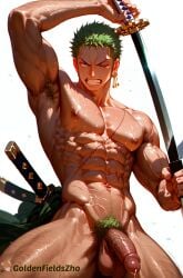 1boy abs ai_generated armpit_hair armpits bara completely_nude earrings erection flaccid goldenfieldszho green_hair holding holding_sword holding_weapon jewelry katana large_pectorals looking_at_viewer male_focus male_pubic_hair muscular muscular_male navel navel_hair nipples nude one_eye_closed one_piece pectorals penis precum pubic_hair roronoa_zoro scar scar_across_eye scar_on_chest scar_on_face sheath short_hair sideburns solo stomach sweat sword teeth testicles thick_thighs thighs uncensored veins veiny_penis weapon wet