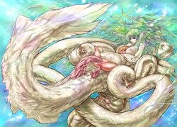 1girls affection affectionate anal blonde_hair embracing female futa/female futa_on_female green_hair legs_held_open mermaid mermaid_futanari monster naglfar_sakura penis_milking rape siren soft_sex straight tentacle tentacle_on_male underwater