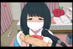 1girls bedroom black_hair blue_eyes blush dildo female go-m hassu highres hitachi_magic_wand long_hair looking_at_viewer microphone recording solo ssss.gridman surgical_mask takarada_rikka