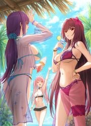 3girls 
 beach big_breasts bikini breasts cleavage drinking fate/grand_order fate_(series) female female_only hand_on_hip ice_cream kamo_ashi long_hair magenta_hair medb_(fate) outdoors outside palm_tree pink_hair purple_hair sarong scathach_(fate) scathach_skadi_(swimsuit_ruler)_(fate) see-through see-through_clothing sunlight twintails