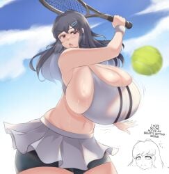 a_can420 black_hair breast_expansion exercise huge_breasts nervous original_character overflowing_breasts sideboob sweatdrop sweaty tennis_outfit tennis_racket tennis_uniform thick_thighs tight_clothing tight_fit