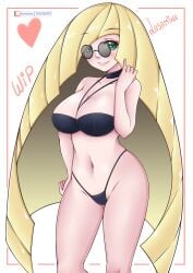 1girls big_breasts bikini blonde_hair blush breasts female glasses green_eyes heart heart_symbol large_breasts lusamine_(pokemon) misune_art navel nintendo patreon pokemon pokemon_sm solo solo_female tagme thighs work_in_progress