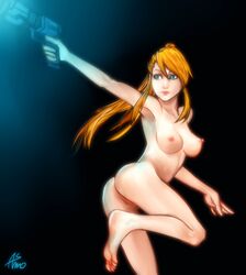 1girls arched_back areola armpit asmo ass barefoot beauty_mark big_breasts blonde_hair breasts feet female female_only gun human leg_up long_hair looking_back metroid mole nintendo nipples nude ponytail pose pussy samus_aran simple_background soles solo teal_eyes tied_hair toes weapon