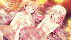 1boy 2girls areolae blonde_hair blush breast_grab breasts brown_hair carrot_lu_angora censored closed_eyes collarbone cum cum_in_pussy game_cg highres kanojo_ga_ore_ni_kureta_mono._ore_ga_kanojo_ni_ageru_mono. kojima_alice large_breasts legs long_hair lying mixed_bathing mosaic_censoring multiple_girls navel nipples nude onomatope onsen open_mouth partially_submerged pussy sex shiratama sitting sitting_on_person small_breasts thighs vaginal_penetration water