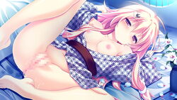 barefoot blonde_hair blush breasts carrot_lu_angora censored collarbone female game_cg hair_ornament kanojo_ga_ore_ni_kureta_mono._ore_ga_kanojo_ni_ageru_mono. kimono long_hair mosaic_censoring nipples onomatope ornament purple_eyes pussy shiratama very_long_hair