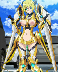 blonde_hair edited female gloves green_eyes long_hair mecha_musume navel navel_cutout nipples ore_twintail_ni_narimasu photoshop shindou_erina tail_yellow tied_hair twintails uncensored very_long_hair