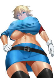 1girls abs belt big_breasts blonde_hair breasts cleavage clothed erect_nipples female female_only gloves hellsing huge_breasts looking_at_viewer looking_down metalbolic red_eyes seras_victoria shirt skirt standing thick_thighs thighhighs underboob vampire voluptuous white_background wide_hips