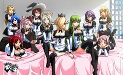 11girls bed big_breasts black_stockings blonde_hair blue_hair breasts c.c. cleavage code_geass conception_2 crossover crown dead_or_alive emmeryn_(fire_emblem) erza_scarlet fairy_tail feene_glass female fire_emblem fire_emblem_awakening fully_clothed green_hair group harem helena_douglas human jadenkaiba juvia_lockser laying_down lisbeth maid maid_headdress maid_outfit maid_uniform mario_(series) miriel_(fire_emblem) monster_girl nintendo no_shoes olivia_(fire_emblem) pantyhose pink_eyes pink_hair princess princess_rosalina purple_eyes purple_hair red_hair rosario+vampire royal royalty shinozaki_rika shirayuki_mizore smile stockings sword_art_online thighhighs uninterested witch_hat yellow_eyes