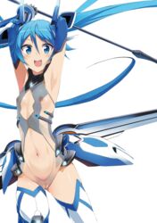 blue_eyes blue_hair cleavage_cutout edited female flat_chest gloves long_hair mecha_musume navel navel_cutout nipples nude_filter ore_twintail_ni_narimasu photoshop pussy sword tail_blue thighhighs tied_hair tsube_aika twintails uncensored very_long_hair weapon