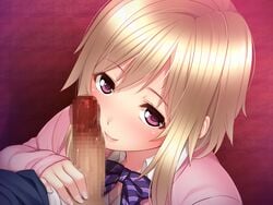 1boy censored female frailsoft game_cg handjob happy kei_(ochita_jk_no_yuuwaku_ranen) mikemono_yuu ochita_jk_no_yuuwaku_ranen purple_eyes school_uniform smile tagme