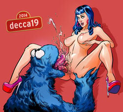 2014 blue_hair breasts celebrity cookie_monster cunnilingus decca19 heels katy_perry nude oral sesame_street uncensored