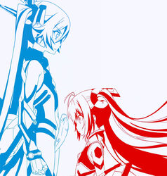 2girls blue_eyes blue_hair bow canon_genderswap clothing futanari gloves hair hairbow intersex long_hair mecha_musume mitsuka_souji monochrome navel navel_cutout ore_twintail_ni_narimasu penis red_eyes red_hair tail_blue tail_red tied_hair tsube_aika twintails uncensored very_long_hair