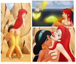 2girls aladdin anus arabian ariel ass barefoot black_hair blue_eyes breast_grab crossover dark-skinned_female dark_skin disney disney_princess earrings feet female fluids human interracial king_triton kissing kneeling long_hair lying male mermaid nude partially_submerged princess_jasmine pussy red_hair sfan species_transformation standing the_little_mermaid transformation uncensored yuri