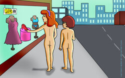 ass back_view bad_perspective cartoon-admirer casual_nudity clothing daphne_blake day dress female female_only hanna-barbera human looking_aside multiple_females nude outdoors pointing public_nudity road scooby-doo tagme velma_dinkley walking window