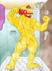 ass beard groundskeeper_willie human looking_at_viewer male male_only muscles nude shower solo the_simpsons