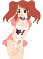 1girls absurdres asahina_mikuru breasts brown_eyes brown_hair busakumas clothing cosplay dress female highres large_breasts legs long_hair maid open_mouth short_dress short_twintails shy suzumiya_haruhi_no_yuuutsu thighs tied_hair twintails vector_trace waitress wink