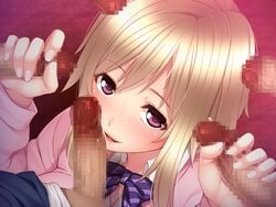 5boys blonde_hair censored double_handjob female frailsoft game_cg handjob happy kei_(ochita_jk_no_yuuwaku_ranen) looking_at_viewer mikemono_yuu multiple_boys ochita_jk_no_yuuwaku_ranen purple_eyes school_uniform smile tagme