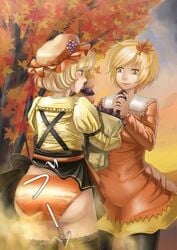 2girls ass autumn_leaves blonde_hair blush eating fart female gas hat leaves minoriko_aki shizuha_aki short_hair sweet_potato touhou tree