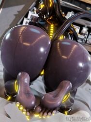 3:4 3d_(artwork) 5_toes absurd_res anthro artist_name bed bedding bedroom big_butt biped butt cybernetics cyborg dark_body digital_media_(artwork) dreadlocks exoskeleton feet felid female female_anthro foot_focus furniture genitals glistening glistening_butt glistening_feet glowing glowing_eyes glowing_genitalia glowing_vulva hi_res huge_butt khayani_(egyptianexo) kneeling lion looking_at_viewer looking_back looking_back_at_viewer machine magicallylewd mammal nails pantherine presenting presenting_hindquarters segmented_body soles solo text toenails toes vulva