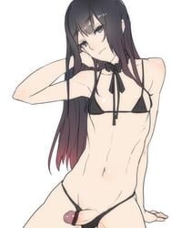 1boy ban bikini black_eyes black_hair censored character_request crossdressing femboy male male_only navel penis small_penis solo swimsuit trap