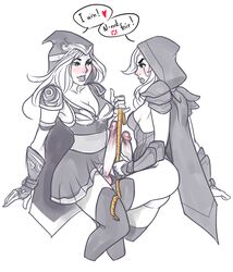 annoyed ashe_(league_of_legends) big_penis blue_eyes blush cape caption crossover dota dota_2 drow_ranger elf erection fizzz futa_is_smaller futa_with_futa futanari gauntlets gloves happy hood human intersex league_of_legends measuring medium_breasts medium_penis monochrome outfit penis penis_contest pleased scale shoulder_guards size_difference skirt small_penis_humiliation smile tape_measure text thigh_highs thighhighs traxex uncensored