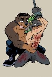 anthro anthro_on_anthro armpit_hair arms_above_head balls bdsm blood blood_play bodily_fluids body_hair boots bottomwear bound bovid brown_body canid canine canis caprine clenched_teeth clothing crouching cuff_(restraint) cut_horn domestic_dog dominant dominant_anthro dominant_male duo ear_piercing ear_ring flaccid floppy_ears footwear foreskin genitals goat gore grabbing_head grey_body guro hands_tied head_grab hi_res horizontal_pupils humanoid_genitalia humanoid_penis humiliation humiliation_fetish kneeling looking_at_viewer male male/male male_anthro mammal masochism muscular muscular_anthro muscular_male nipples nude_anthro nude_male pain pain_play pants penis piercing pupils restrained restraints ring_piercing shaved shaved_fur shoes simple_background slim_anthro slim_male submissive submissive_anthro submissive_male sweat sweatdrop tan_background tan_body teeth tic_tac_toe tongue tongue_out unretracted_foreskin vrobei wounded