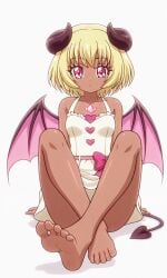 1girls ai_generated anime anime_style barefoot blonde_hair crossed_ankles dark-skinned_female dress feet feet_focus foot_fetish foot_focus hentai_series lily_(muma_no_machi_cornelica) muma_no_machi_cornelica presenting_feet red_eyes solo solo_female succubus succubus_horns succubus_tail succubus_wings