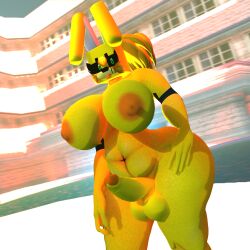 amerette bunnygirl furry original_character 3d_(artwork) 3d female female_focus square_head station_square green_eyes black_sclera yellow_fur yellow_body ponytail orange_lipstick bbw alternate_version_available amerobutnsfw pool sonic_adventure futanari futa_only bbw_futa