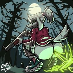 absurd_res anthro being_watched bottomwear bottomwear_down canid canine canis clothed clothing diarrhea feces female forest forest_background green_eyes gun hi_res holding_gun holding_object holding_ranged_weapon holding_weapon looking_at_another mammal moon pants pants_down partially_clothed plant pooping rammylamb ranged_weapon scat shotgun solo tree unusual_feces weapon wolf