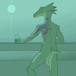 1:1 2024 anthro backsack balls beverage bullchicken butt colored digital_drawing_(artwork) digital_media_(artwork) frill_(anatomy) genitals green_balls green_body green_penis green_tail hi_res holding_beverage holding_object lizard looking_at_viewer male nude penis portrait reptile saggy_balls scalie shaded simple_background snout solo tail tattoo three-quarter_portrait uneven_balls yellow_eyes