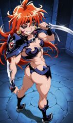 1girls abs ai_generated aispanhenani armored_boots armored_dress armored_female ass athletic athletic_female bikini_armor black_sclera blade boots cave corruption crossover evil_grin evil_smile facepaint forearm_armor grin heterochromia jewelry lina_inverse looking_at_viewer muscular_legs muscular_thighs navel orange_eyes orange_hair red_eyes shoulder_armor slayers small_breasts smile smiling solo witchblade wrist_blades