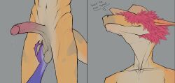 2025 anthro athletic athletic_male ball_fondling balls bodily_fluids brown_balls brown_penis bullchicken claws clothing colored covered_eyes darkened_balls darkened_genitalia darkened_penis dragon dripping duo erection fondling fur furred_dragon furred_scalie genital_fluids genitals glans hair hat headgear headwear hi_res long_ears male multicolored_penis mythological_creature mythological_scalie mythology navel nude offscreen_ambiguous offscreen_character penis precum precum_drip red_body red_fur red_glans red_hair saggy_balls scalie simple_background snout speech_bubble tail throbbing throbbing_penis two_tone_penis urethra vein veiny_penis yellow_body