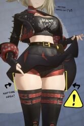 absolute_territory anime_girl anime_style artist_name artist_request bare_legs bare_thighs blonde_female blonde_hair burnice_white caucasian caucasian_female gloves hoyoverse jacket large_ass large_breasts large_thighs nezky11 open_jacket peeking pointing_at skirt skirt_lift stockings thick_thighs top white_body white_skin zenless_zone_zero zettai_ryouiki