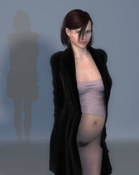 1girls 2015 3d belly big_belly bottomless brown_hair earrings female ghost1701 glasses hairy_pussy no_panties original pregnant pubic_hair pussy solo
