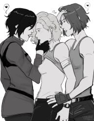 3girls ada_wong bandaged_arm bandages biohazard black_gloves black_hair blonde_hair blonde_pubic_hair blood_stain breasts brown_hair bush capcom clothed clothed_female commission ear_piercing eskalobur eyebrow_piercing female female_only female_pubic_hair finger_in_another's_mouth finger_to_mouth fingerless_gloves girl_sandwich gloves grabbing_another's_head grabbing_head grabbing_hips grace_ashcroft hand_on_head hands_on_hips happy_trail head_grab headgear heart hip_grab hips jill_valentine leather_gloves lesbian lip_piercing messy_hair multiple_girls nipple_piercing nipples pierced_nipples piercings pubes pubic_hair resident_evil resident_evil_3 resident_evil_3_remake resident_evil_4 resident_evil_4_remake resident_evil_9:_requiem sandwiched short_hair slim slim_female slim_waist small_breasts tank_top tank_top_lift text_bubble thin_female thin_waist threesome yuri