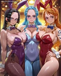 3girls ai_generated animal_ears arm_tattoo bangs bare_shoulders black-haired_female black_hair blue-haired_female blue_eyes blue_hair blue_leotard blue_pantyhose blue_tattoo blush boa_hancock bow bowtie breasts bunnysuit cleavage closed_mouth collarbone covered_navel cowboy_shot dandanhub detached_collar earrings fake_animal_ears female female_only fishnets forehead hand_on_hip highleg highleg_leotard jewelry large_breasts leotard long_hair looking_at_viewer multiple_girls nami_(one_piece) nefertari_vivi one_piece orange-haired_female orange_eyes orange_hair pantyhose purple_bow purple_bowtie purple_leotard rabbit_ears rabbit_tail red_leotard shiny shoulder_tattoo smile strapless strapless_leotard sweat tail tattoo white_leotard wrist_cuffs