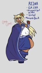 guavagrunt 2d simple_background writing text english_text 1girls female female_only pose holding_object card holding_card ponytail blonde_hair red_eyes crown cloak uniform clothed clothed_female skirt big_breasts huge_breasts nipples_visible_through_clothing thighs boots obelisk_blue_uniform oc yu-gi-oh! reina_(guavagrunt) school_uniform duel_academy_uniform_(yu-gi-oh!_gx)