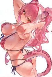 1girl animal_ears animal_print ass bare_shoulders bikini blush breasts closed_mouth commentary hair_between_eyes hair_intakes highres hololive hololive_english klopsiak large_breasts leopard_print leopard_print_bikini long_hair looking_at_viewer looking_back median_furrow multicolored_hair panther_ears panther_girl panther_tail pink_bikini pink_hair pink_tail print_bikini raora_panthera raora_panthera_(beach_episode) ring_light_reflection simple_background solo strap_gap streaked_hair sweat swimsuit tail thighs two-tone_hair unaligned_breasts virtual_youtuber white_background yellow_eyes
