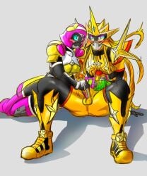 kamen_rider kamen_rider_ex-aid_(series) kamen_rider_ex-aid kamen_rider_poppy 1girls 1boy 1boy1girl male female rainbow_eyes armor armored_male armored_female handjob stroking_penis pink_hair dress yellow_dress gold_armor mask masked masked_female masked_male helmet headband heart_symbol heart blue_eyes sitting erection erect_penis leaning_on_hand leaning_on_hands long_hair locks belt blush blushing blushing_through_mask tkstero grey_background bodysuit penis golden_penis golden_armor star star_(symbol) pink_armor golden_hair rainbow_lines sketch