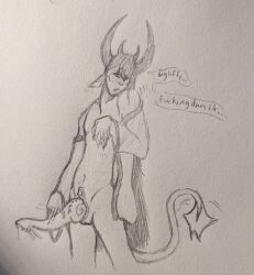 absurd_res ambiguous_gender bodily_fluids cannedlettuucee claws clitoral_hood clitoris clothed clothing demon desperation embarrassed flustered genital_fluids genitals grumpy hair hi_res horn humanoid leaking_precum long_hair masturbation original_character_do_not_steal partially_clothed penile_spines penis precum robe slim small_waist solo tail tail_motion tailwag touching_penis traditional_media_(artwork) unknown_species unnamed_character upset