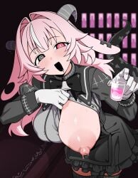 hiyoko_spot pukey_goddess_shot_trick femme_soule demon demon_humanoid humanoid absurd_res hi_res 2_horns :d animal_ears areola backward-facing_horns bell big_breasts black_bottomwear black_bow_tie black_clothing black_ear_ring black_eyes black_horn black_legwear black_mouth black_saliva black_skirt black_stockings black_tail blush blush_lines bodily_fluids bottomwear bovid_horn bow_tie breasts caprine_horn clothing colored_saliva container cup drinking_glass dripping ear_piercing exposed_breasts female floppy_ears glass glass_container glass_cup glistening glistening_breasts gloves goat_ears goat_horn grey_horn grey_spots hair handwear heterochromia highlights_(coloring) hole_in_ear horn huge_breasts inside leaning leaning_forward legwear lizard_tail long_hair looking_at_viewer markings neck_bell nipple_outline nipples notched_ear one_breast_out open_mouth piercing pink_ears pink_eyes pink_hair pink_liquid pupils saliva saliva_drip saliva_on_face shot_glass skirt smile solo spots spotted_markings spotted_tail stockings sweat sweatdrop sweaty_breasts sweaty_nipples tail tail_markings thick_tail unusual_bodily_fluids unusual_saliva white_clothing white_gloves white_handwear white_highlights white_pupils