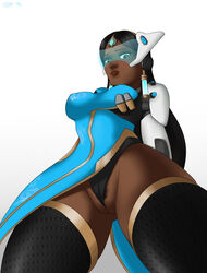 1girls 2d armor black_hair black_legwear black_panties blizzard_entertainment blue-tinted_eyewear blue_dress blush breasts brown_eyes dark-skinned_female dark_skin dress female female_only headgear indian long_hair looking_at_viewer overwatch panties partially_visible_vulva pubic_hair quasi99 satya_vaswani side_slit simple_background solo standing symmetra thighhighs tinted_eyewear underwear visor visor_(eyewear) visor_glasses white_background