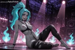spicytoonai ai_generated patreon seductive sexy uncensored watermark hi_res high_quality high_resolution ember_mclain dandadan torn_clothes torn_legwear 1girl breasts nipples solo torn_pants biting aqua_hair looking_at_viewer medium_breasts sitting gloves navel aqua_eyes blue_hair large_breasts torn_gloves blue_eyes bare_shoulders