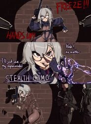 armor ass butt_plug centurii-chan funny glasses gray_hair gun invisible military partially_invisible red_eyes saruei_(vtuber) shadow tagme virtual_youtuber vtuber