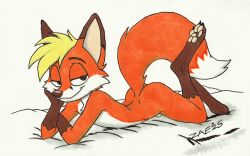 16:10 2025 4_toes animal_genitalia anthro artist_name bedding bedroom_eyes black_text blonde_hair brown_body brown_eyebrows brown_eyes brown_fur brown_nose butt canid canine cheek_tuft chest_tuft closed_smile countershading dated dipstick_ears dipstick_tail ear_markings eyebrows facial_tuft feet fluffy fluffy_tail fox fur genitals gloves_(marking) hair hi_res justin_flynn leg_markings lying male mammal markings mouth_closed multicolored_ears narrowed_eyes nude nude_anthro nude_male on_front orange_body orange_fur pawpads paws red_fox seductive sheath simple_background smile socks_(marking) solo tail tail_markings text toes traditional_media_(artwork) true_fox tuft white_background white_body white_fur widescreen zaeryn