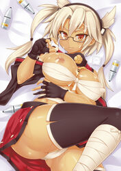 ammunition bandage black_gloves black_legwear blonde_hair blush breasts budget_sarashi condom cum dark-skinned_female dark_skin female fingerless_gloves glasses gloves headgear kantai_collection large_breasts long_hair looking_at_viewer musashi_(kantai_collection) red_eyes rimless_glasses sarashi shiny shiny_skin solo thighhighs tied_hair twintails yasojima_nejiro