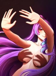 1girl absurdres black_background breasts cleavage convenient_censoring drill_hair english_commentary floating_hair hair_bun hand_shadow_covering_breasts_(meme) hands_casting_shadow highres large_breasts long_hair macross macross_delta meme mikumo_guynemer multicolored_hair no_nipples nude nymaruchan open_hands outstretched_arms purple_hair red_eyes shadow shadow_censor side_drill simple_background single_drill single_hair_bun smile solo spread_fingers streaked_hair topless_female two-tone_hair upper_body very_long_hair