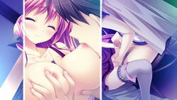 areolae blush breast_grab breast_sucking breasts censored closed_eyes collarbone female fingering game_cg handjob kanojo_ga_ore_ni_kureta_mono._ore_ga_kanojo_ni_ageru_mono. kojima_neneko large_breasts long_hair mosaic_censoring necklace nipples onomatope panties panties_around_leg pink_panties red_hair shiratama underwear