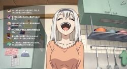 1girls absurdres ass black_headband blue_eyes breasts chat_box chat_log clothes_lift english_text female female_only headband highres japanese_text kaguya-sama_wa_kokurasetai_~tensai-tachi_no_renai_zunousen~ kitchen_knife knife long_hair nipples open_mouth orange_shirt shirogane_kei shirt shirt_lift shoulder_blades sketchdrif small_breasts solo spanish_text streaming subtitled tagme text thighs to_be_continued translation_request video white_hair